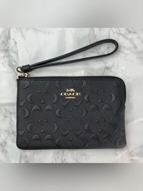 Coach Black Embossed Signature Leather Wristlet with Gold Hardware